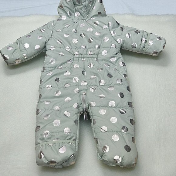 Liv & Lottie Baby Snowsuit – Mint Green with Silver Polka Dots (Size: 9 Months) - Picture 2 of 2